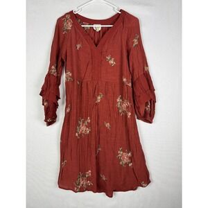 Fig Flower Anthropologie Dress Womens M Red Floral V Neck‎ Boho Tiered Midi